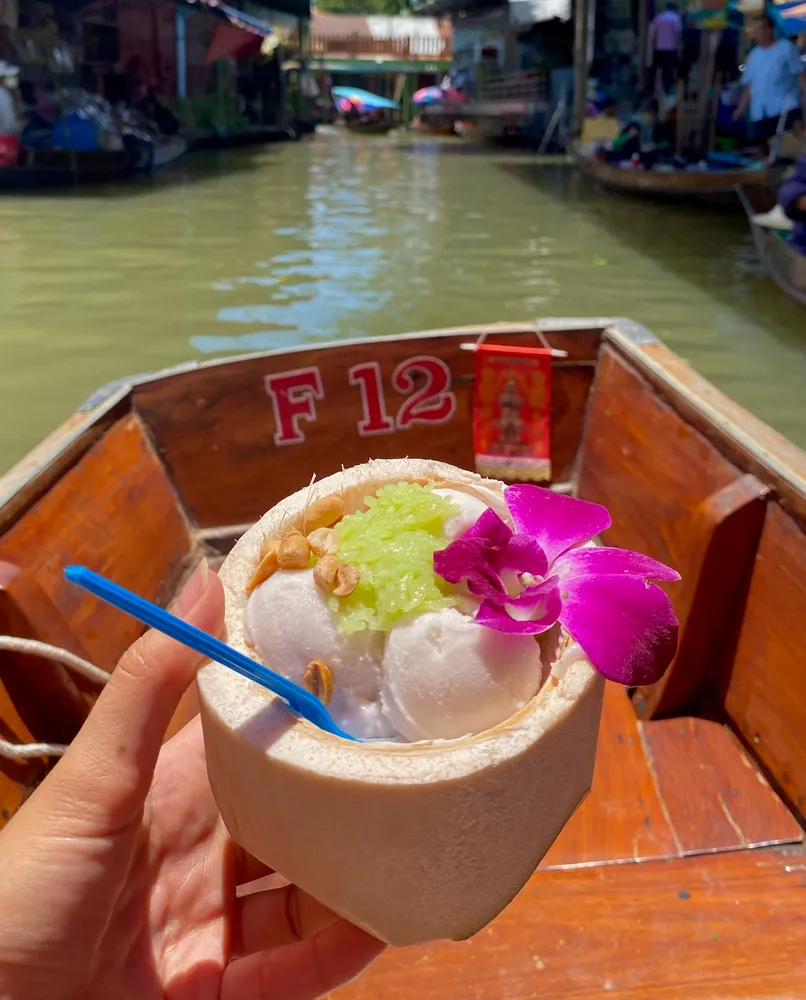 Coconut ice cream served in a coconut shell