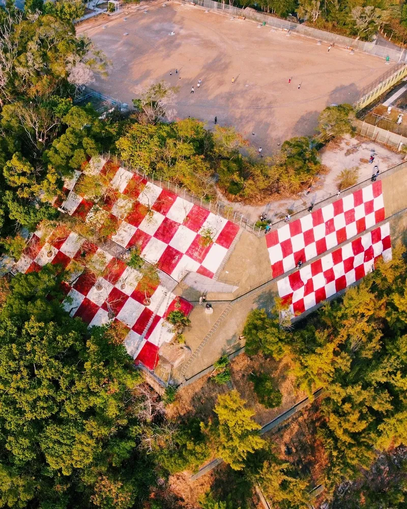 Aerial view of Lok Fu housing estate colorful buildings