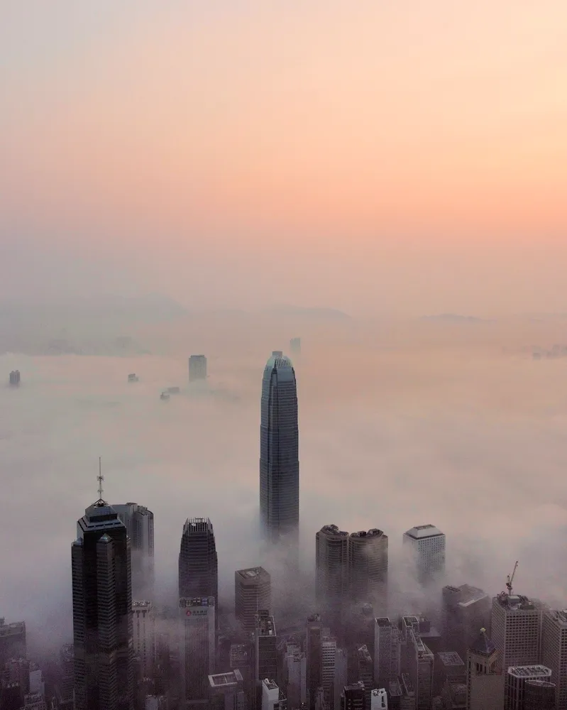 Drone panorama of Victoria Peak and Hong Kong skyline