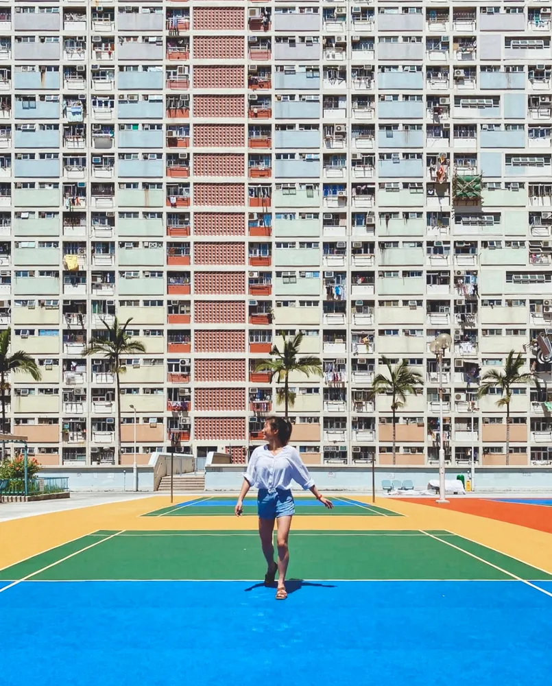 Choi Hung Estate rainbow-colored basketball court