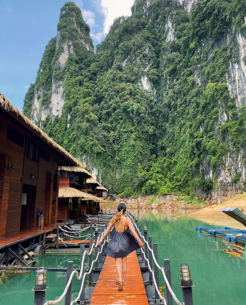 Bonnie Zeng on mountain lake dock