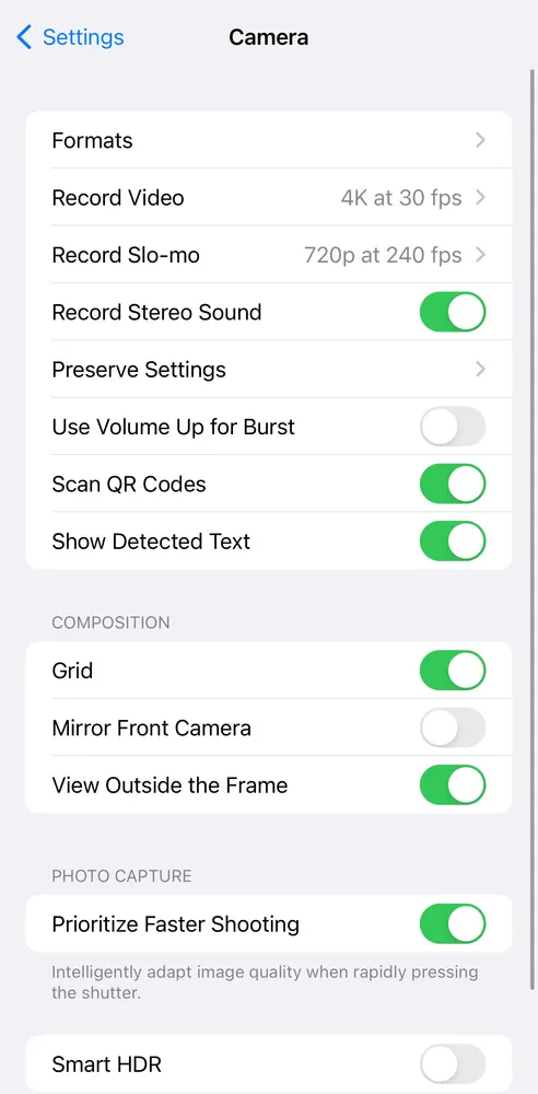 iPhone camera settings for Reels